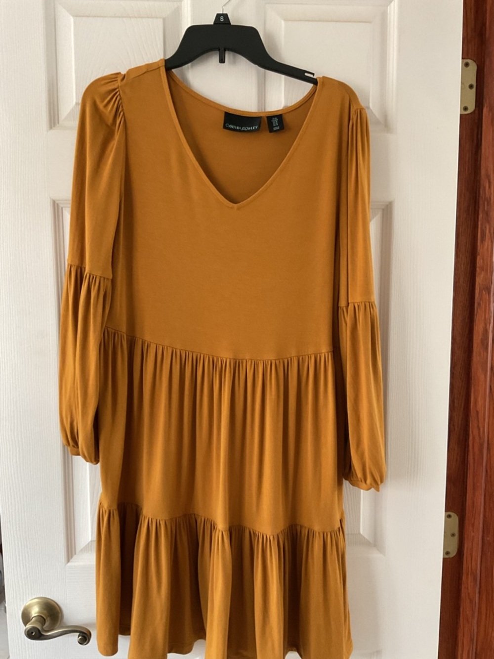 Cynthia Rowley Mustard V-Neck Tiered Long Sleeve Dress